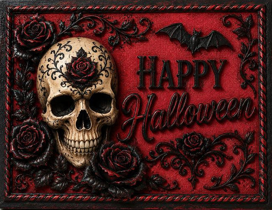 Rectangle metal wreath sign featuring a skull with rose embellishments surrounded by black and red roses on a red background with the text "happy Halloween" by Monkey's Creations. 