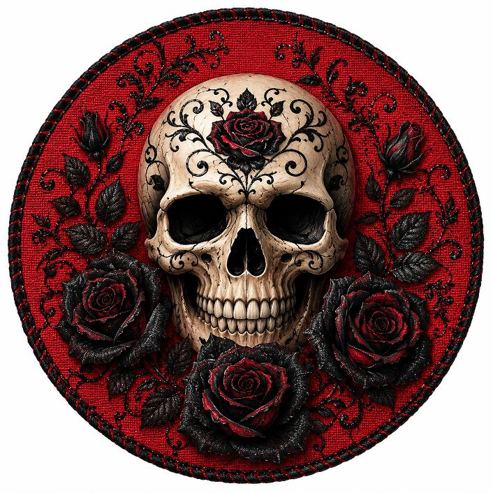 Round metal wreath sign featuring a skull with rose embellishments surrounded by black and red roses on a red background by Monkey's Creations. 