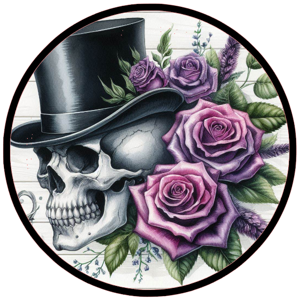 Skull wearing a top hat with purple roses 