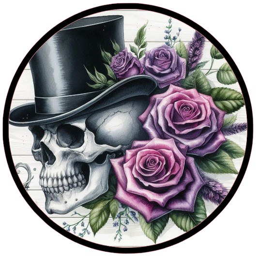 Skull wearing a top hat with purple roses 