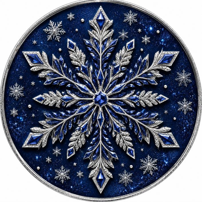 Round metal wreath sign by Monkey's Creations featuring a blue and silver snowflake on a blue background. 
