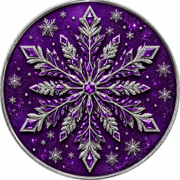 Round metal wreath sign by Monkey's Creations featuring a purple and silver snowflake on a purple background.