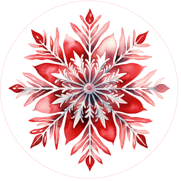 Decorative red and white snowflake design on a white background