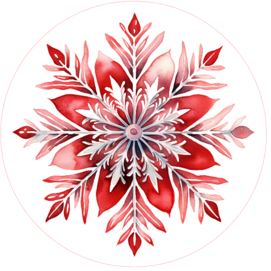 Decorative red and white snowflake design on a white background