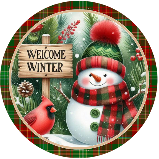 Christmas-themed image with snowman, cardinal, and 'Welcome Winter' text on a white background.