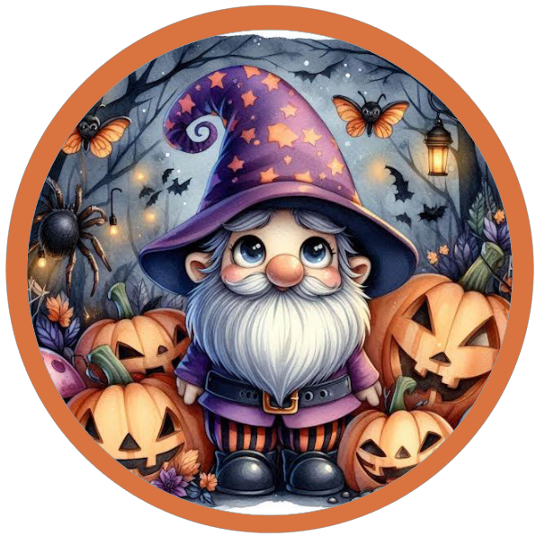 Halloween gnome surrounded by pumpkins and bats 