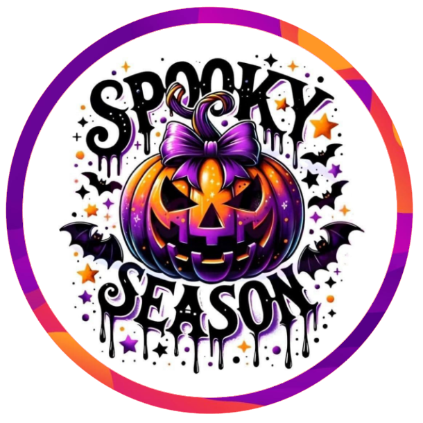 Halloween-themed pumpkin, bats, and 'Spooky Season' text 