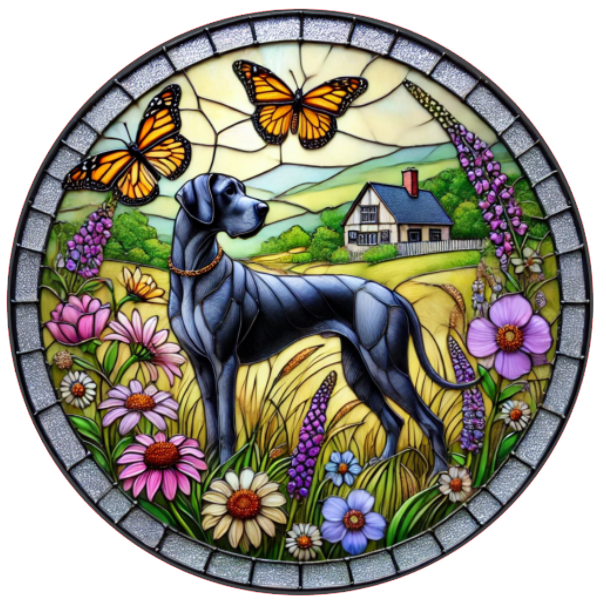 Stained glass great dane with butterflies, and flowers 