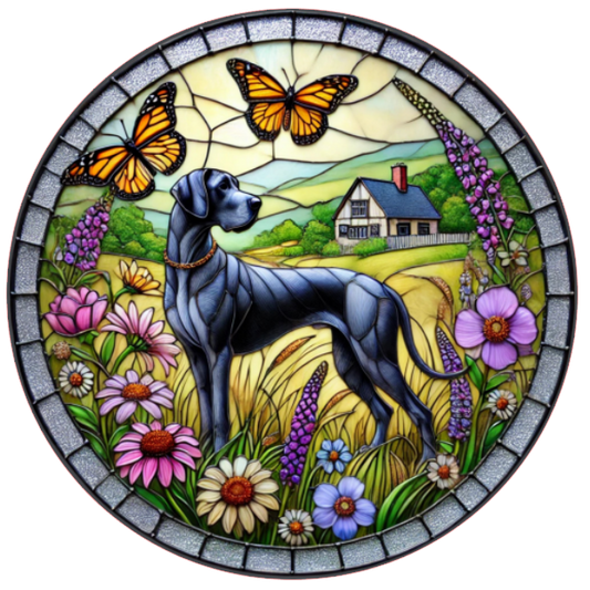 Stained glass great dane with butterflies, and flowers 