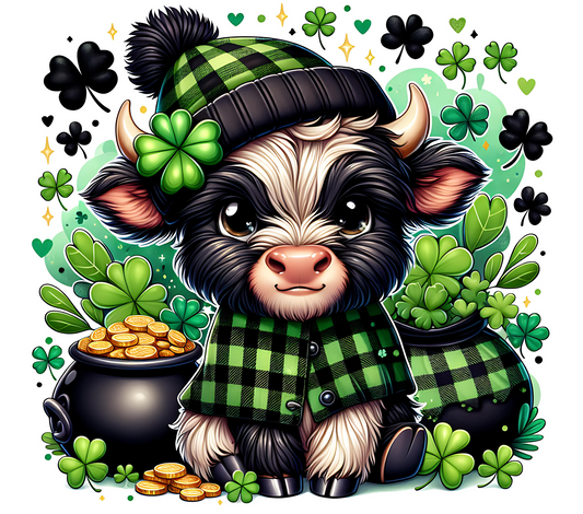 Cartoon cow in a green outfit with a pot of gold and shamrocks 