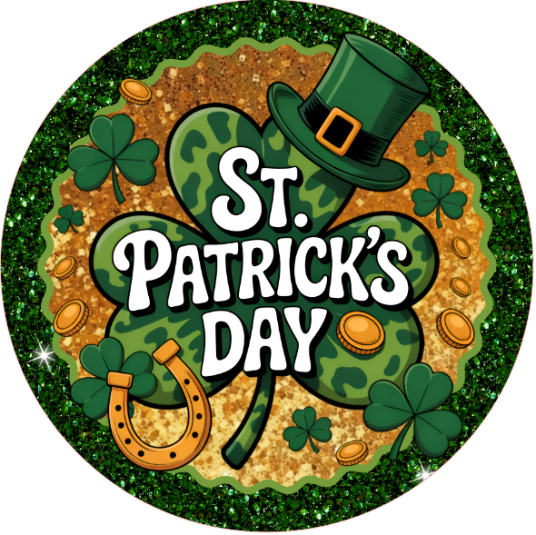Round metal St. Patrick's Day wreath sign with green hat, shamrocks, and horseshoe 
