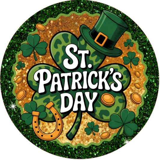 Round metal St. Patrick's Day wreath sign with green hat, shamrocks, and horseshoe 