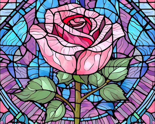 Stained glass rose with a colorful background