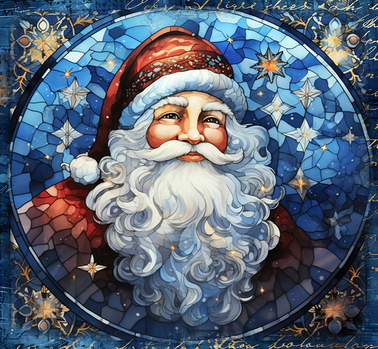 Santa Claus with a stained glass effect and celestial elements.
