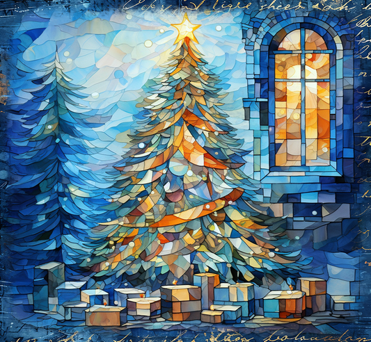 Colorful stained glass Christmas tree with presents and a window in a blue setting