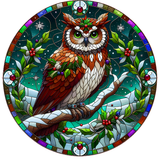 Stained glass-style owl on a branch with a festive background