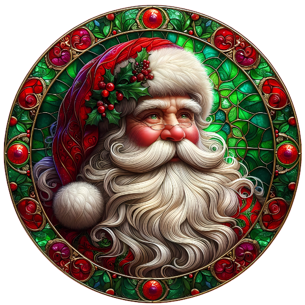 Portrait of Santa Claus surrounded by stained glass