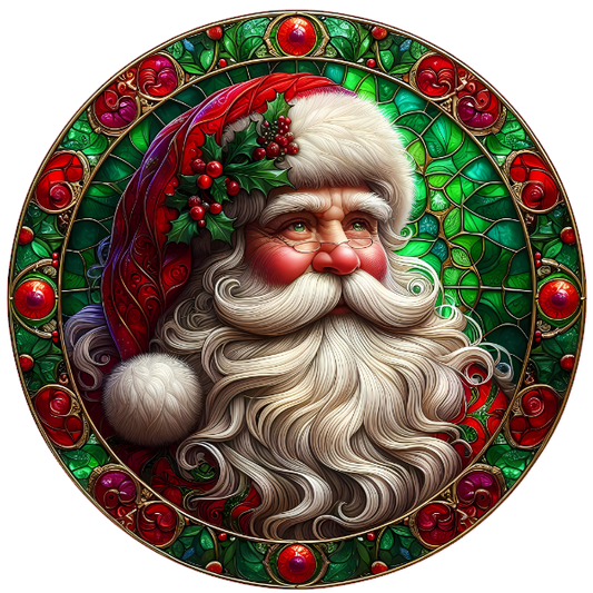 Portrait of Santa Claus surrounded by stained glass