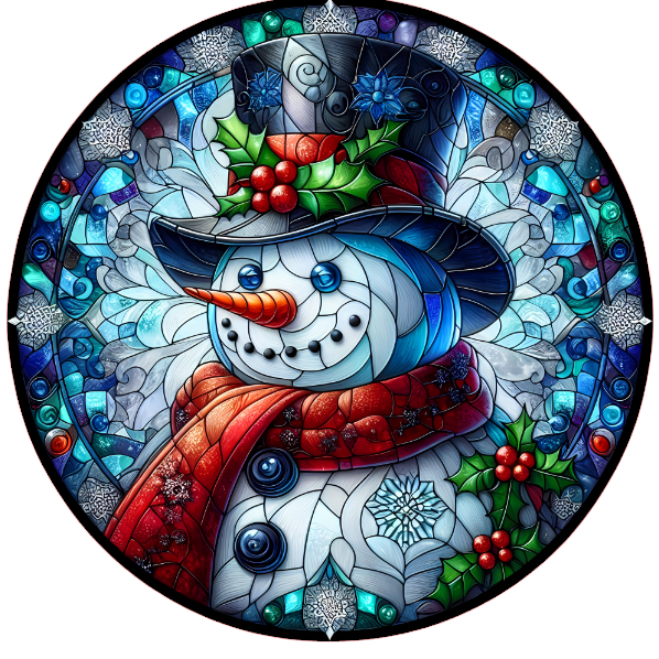 Stained glass snowman design on a white background