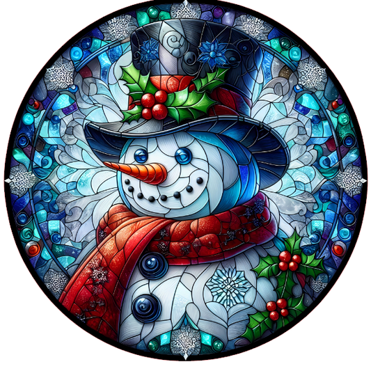 Stained glass snowman design on a white background