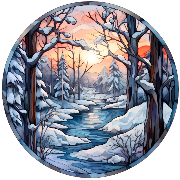 Winter landscape with trees and a stream, depicted in a circular art style on a white background.
