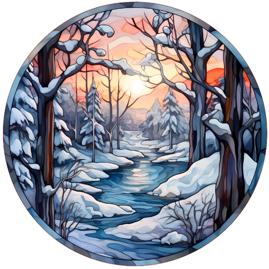Winter landscape with trees and a stream, depicted in a circular art style on a white background.