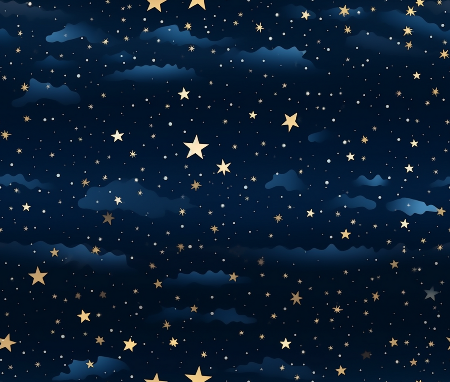 Starry night sky with gold stars and blue clouds on a dark blue background
