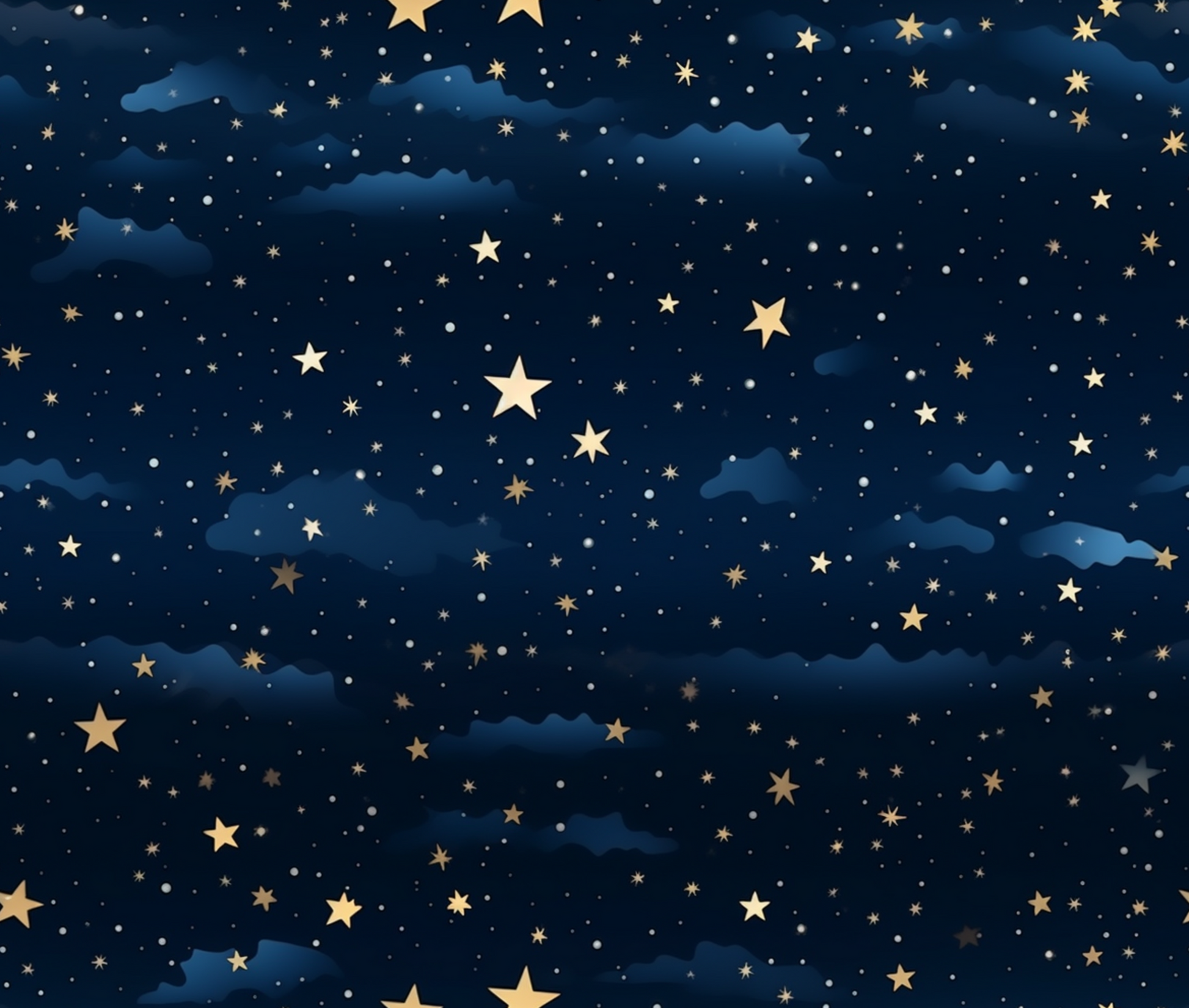 Starry night sky with gold stars and blue clouds on a dark blue background
