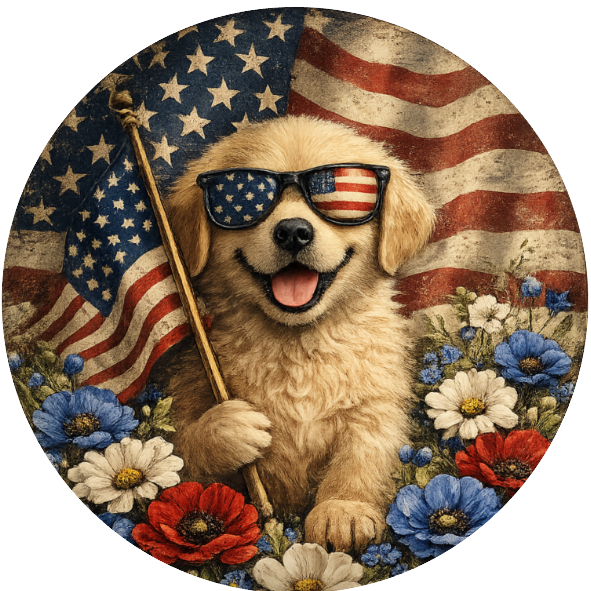 Round metal wreath sign with patriotic elements, a golden lab puppy and an American Flag