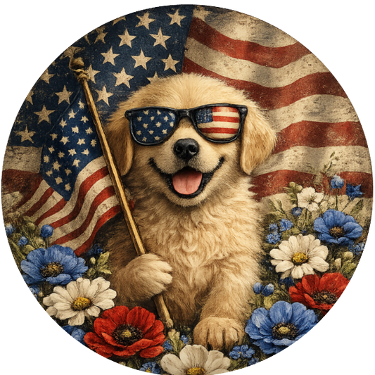 Round metal wreath sign with patriotic elements, a golden lab puppy and an American Flag