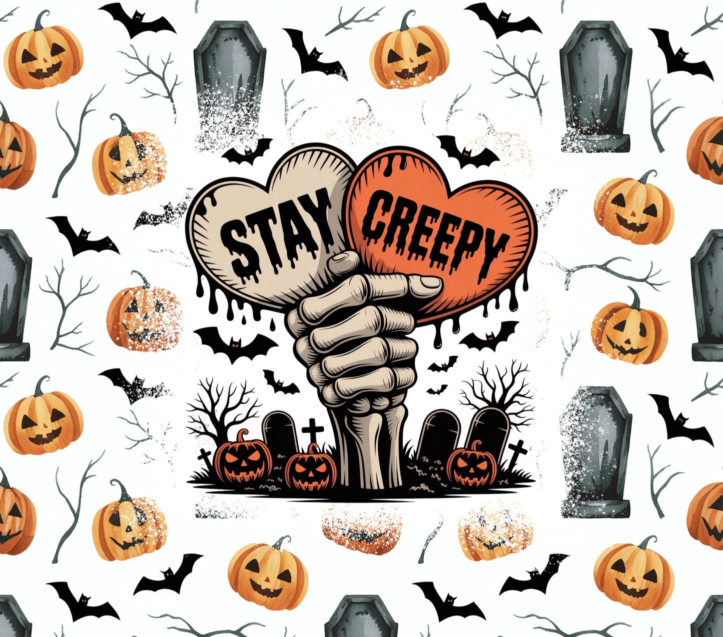 Rectangle Halloween themed metal wreath sign featuring jack o lanterns, bats and a graveyard with a skeleton arm reaching out of the ground with the text "stay creepy" by Monkey's Creations. 