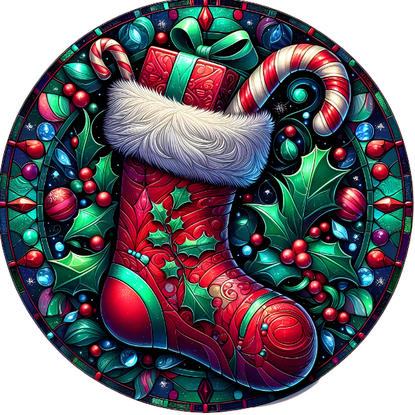 Decorative Christmas stocking with colorful ornaments on a white background