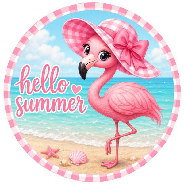 Round metal wreath sign with a pink flamingo on a beach with the text "hello summer"