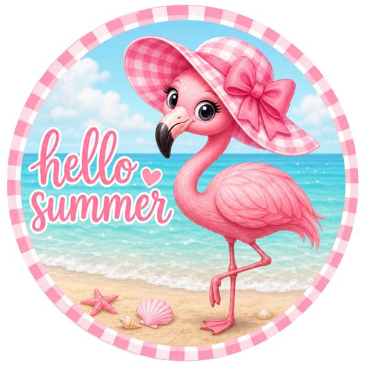 Round metal wreath sign with a pink flamingo on a beach with the text "hello summer"