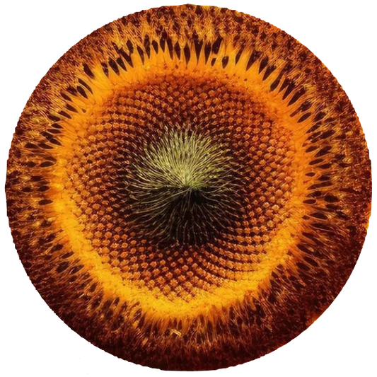 Close-up of a sunflower head with concentric circles of brown and orange 