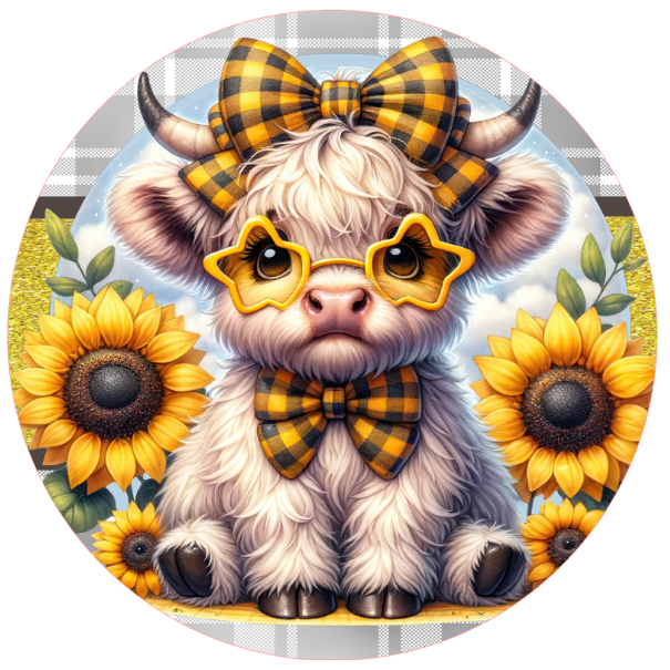 Cute highland cow with yellow bow and goggles surrounded by sunflowers on 
