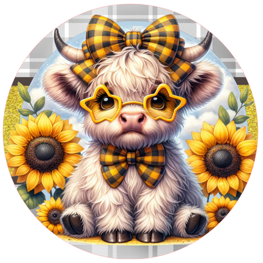 Cute highland cow with yellow bow and goggles surrounded by sunflowers on 