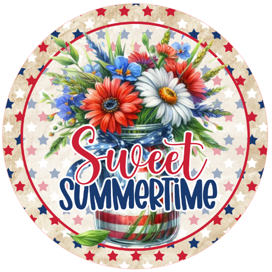 Floral design and 'Sweet Summertime' text with red white and blue stars