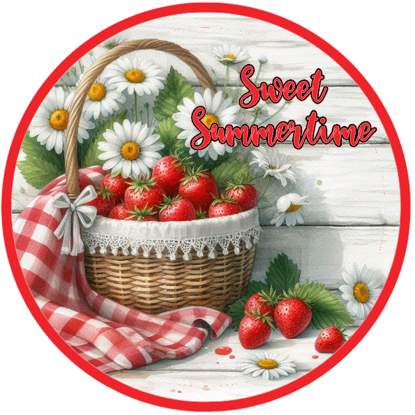 basket of strawberries, checkered cloth, and 'Sweet Summer' text 