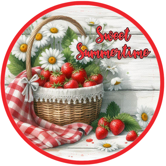 basket of strawberries, checkered cloth, and 'Sweet Summer' text 