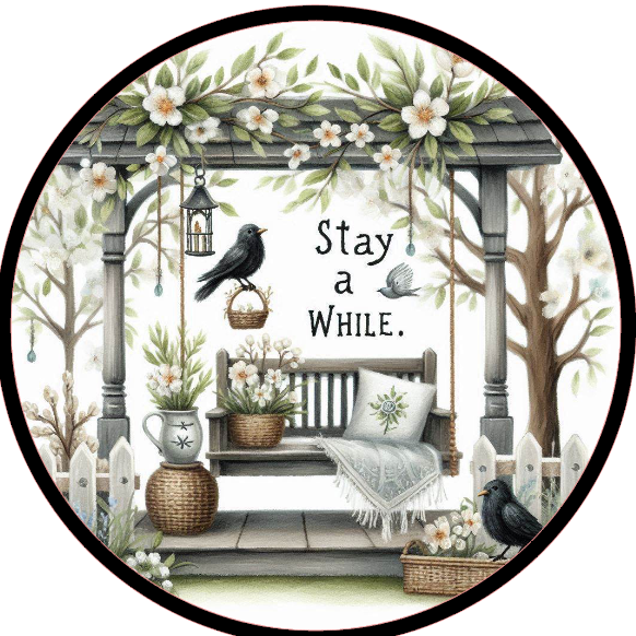 Porch swing with flowers and a bird, featuring the text 'Stay a While.'