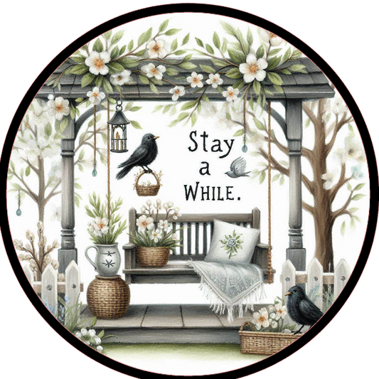 Porch swing with flowers and a bird, featuring the text 'Stay a While.'