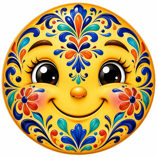 Round metal wreath sign with a smiling talavera sun face by Monkey's Creations. 