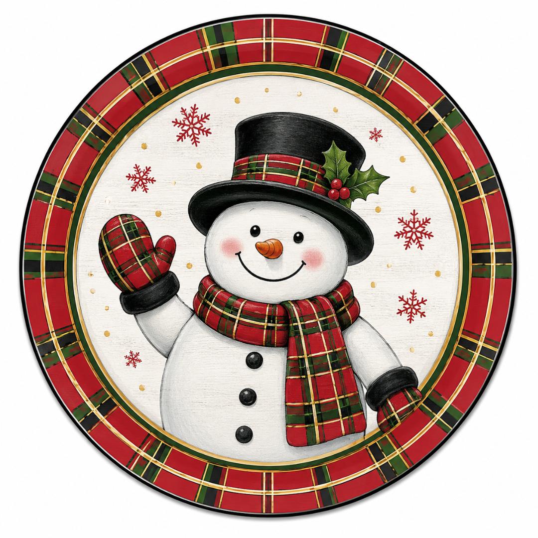 Round wreath sign featuring a tartan plaid snowman by Monkey's Creations.