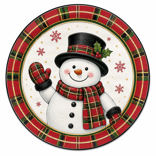 Round wreath sign featuring a tartan plaid snowman by Monkey's Creations.