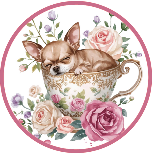 Chihuahua in a teacup surrounded by flowers