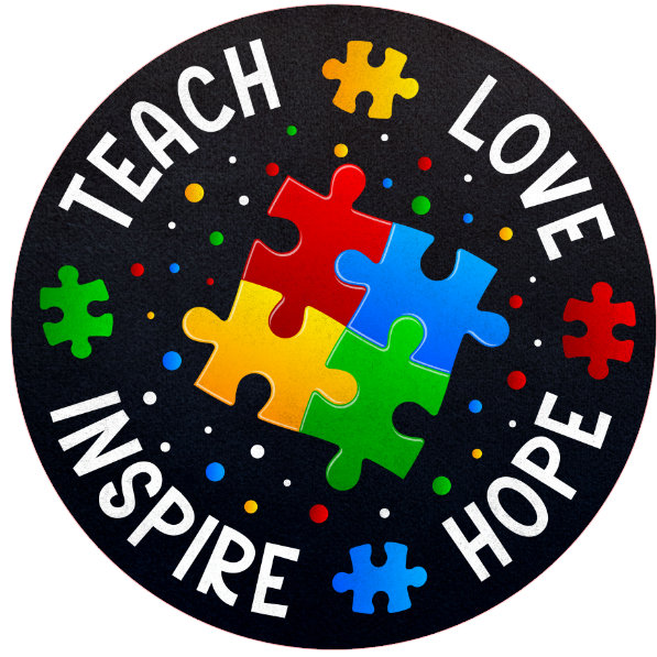 Round metal wreath sign with puzzle pieces and text 'Teach, Love, Inspire, Hope' autism awareness