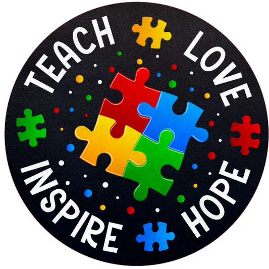 Round metal wreath sign with puzzle pieces and text 'Teach, Love, Inspire, Hope' autism awareness