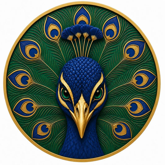 Round metal wreath sign featuring a teal, blue and gold peacock by Monkey's Creations.
