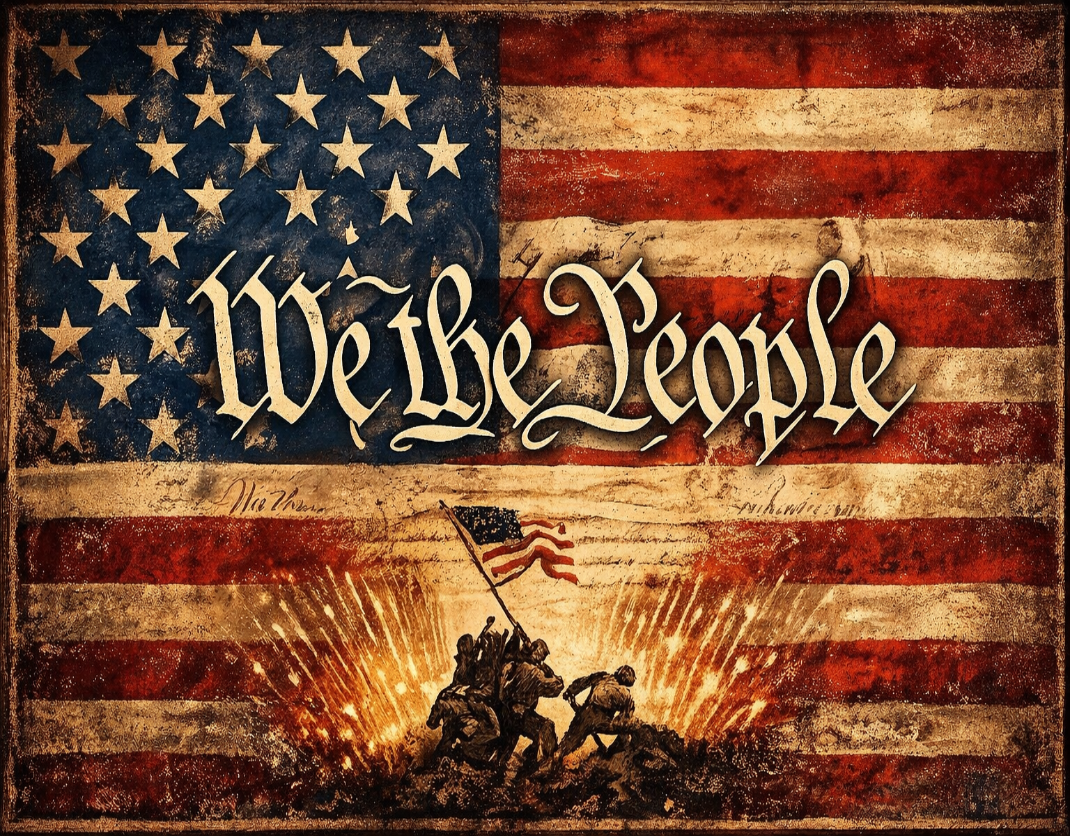 Vintage-style American flag with 'We the People' text and the Iwo Jima Memorial.